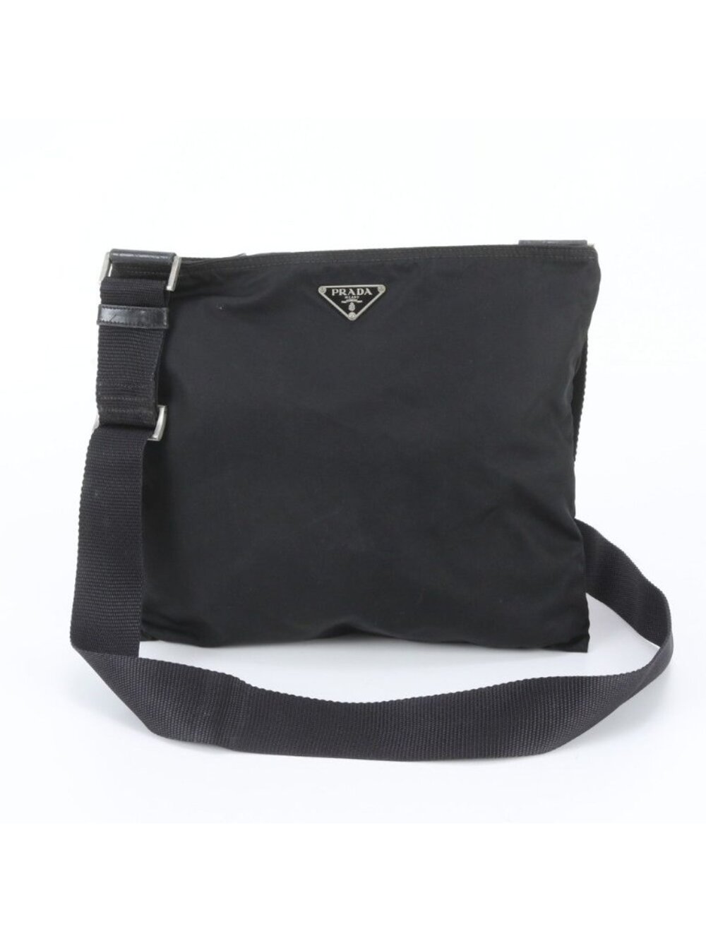 Prada Tessuto Nylon Triangle Logo Leather Shoulder Bag Crossbody Messenger Black